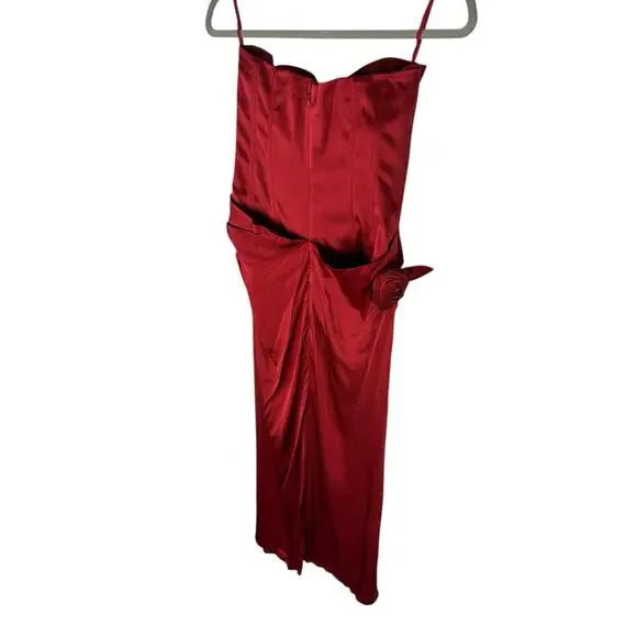 LPA Ilaria Corset Midi Dress Strapless Rosette Formal Party Elegant Red Size S